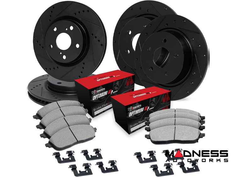 Jeep Renegade Brake Kit - Front + Rear - R1 Concepts - Optimum OEp Brake Pads - eLINE Black Drilled + Slotted Rotors Jeep Renegade Brake Kit - Front + Rear - R1 Concepts - Optimum OEp Brake Pads - eLINE Black Drilled + Slotted Rotors